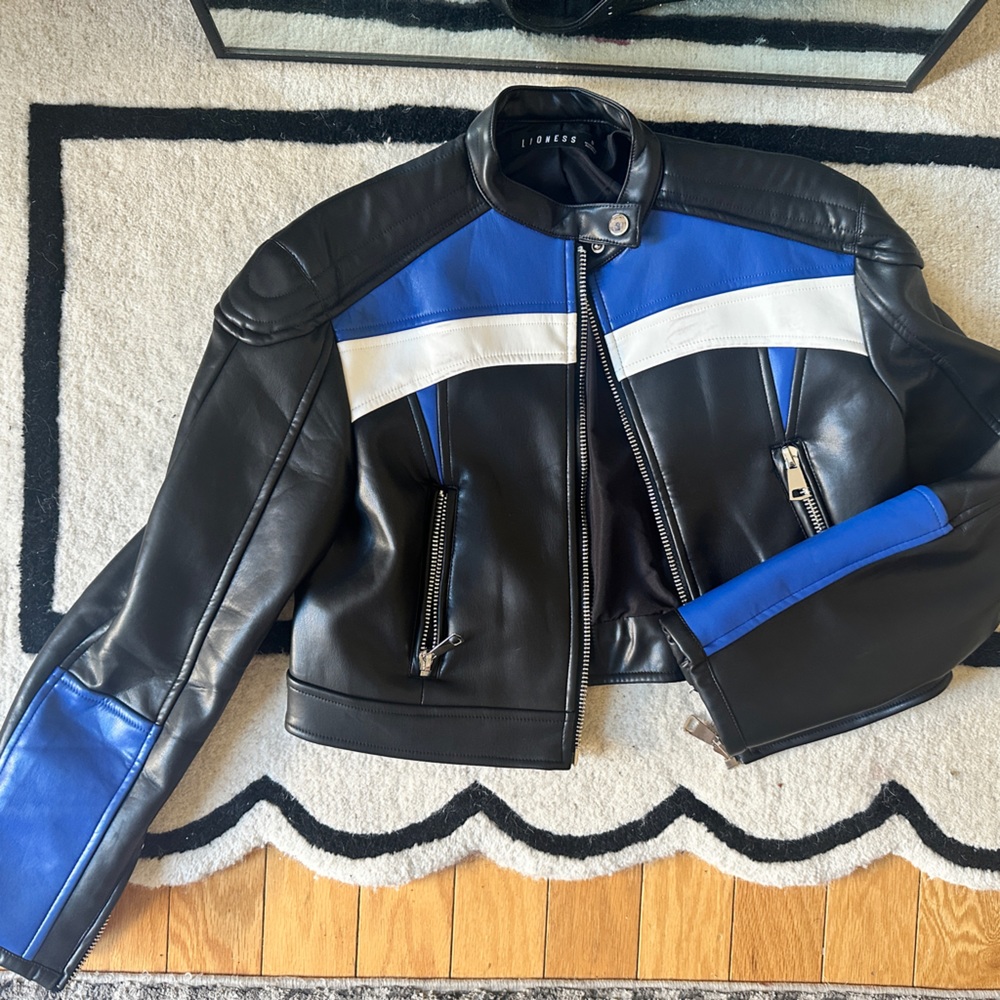 Leather Blue Black White Motorcycle Cropped Jacket